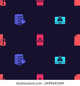 Set Laptop with exclamation mark, Server security key, Mobile and Document and lock on seamless pattern. Vector