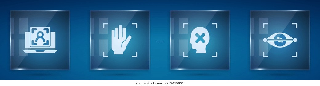 Set Laptop with face recognition, Palm print, Rejection and Eye scan. Square glass panels. Vector