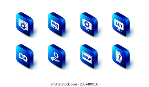 Set Laptop and FAQ, Location with gear, Clock 24 hours, Mobile phone question, Browser help, Settings in the hand, Question Answer and setting icon. Vector