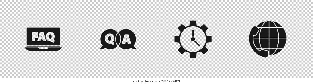 Set Laptop and FAQ, Question Answer, Time Management and Telephone 24 hours support icon. Vector