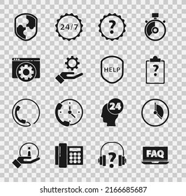 Configurar portátil y preguntas frecuentes, gestión de tiempo, portapapeles con signos de interrogación, pregunta, configuración en la mano, configuración del explorador, icono Escudo y ayuda de texto. Vector