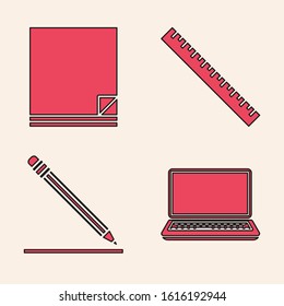Set Laptop, File document, Ruler and Pencil with eraser and line icon. Vector