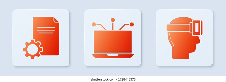 Set Laptop, File document and Virtual reality glasses. White square button. Vector