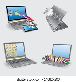 conjunto de laptops con un icono de carpeta en la pantalla y libros.   ilustración vectorial sobre fondo blanco.