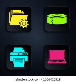 Set Laptop, Folder settings with gears, Printer and Scotch. Black square button. Vector
