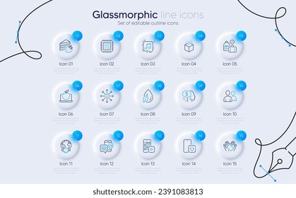 Set of Laptop, Food app and Smartphone holding line icons for web app. Pay, Augmented reality, Users icons. Add handbag, Phone download, Musical note signs. Security lock, Cpu processor. Vector