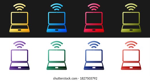 Set Laptop and free wi-fi wireless connection icon isolated on black and white background. Wireless technology, wi-fi connection, wireless network. Vector.