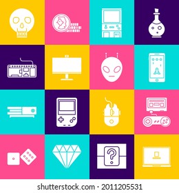 Set Laptop, Game console with joystick, Mobile and playing in game, Retro arcade machine, Computer monitor, keyboard, Skull and Alien icon. Vector