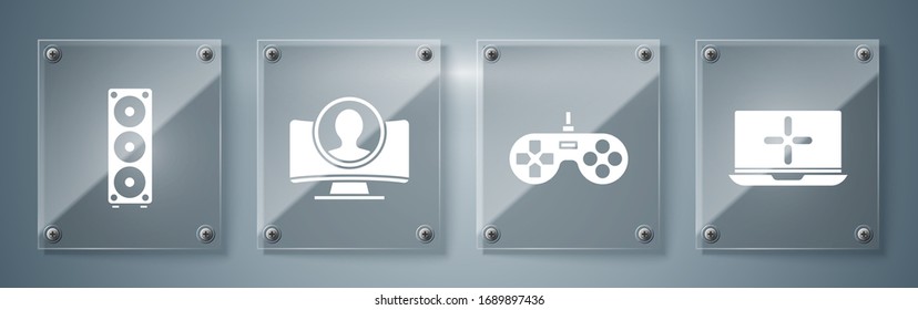Set Laptop, Gamepad, Create account screen and Stereo speaker. Square glass panels. Vector
