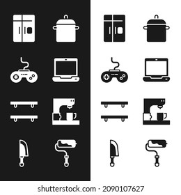 Set Laptop, Gamepad, Refrigerator, Cooking pot, Empty wooden shelves, Coffee machine, Paint roller brush and Knife icon. Vector