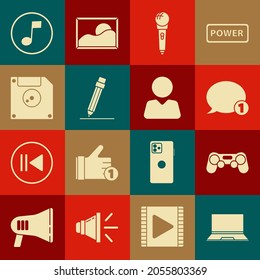 Set Laptop, Gamepad, Speech bubble chat, Microphone, Pencil with eraser, Floppy disk for computer data storage, Music note, tone and Add friend icon. Vector