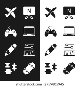 Set Laptop, Gamepad, Toy plane, Smart Tv, Pencil with eraser, Drum drum sticks, Skateboard and Puzzle pieces toy icon. Vector