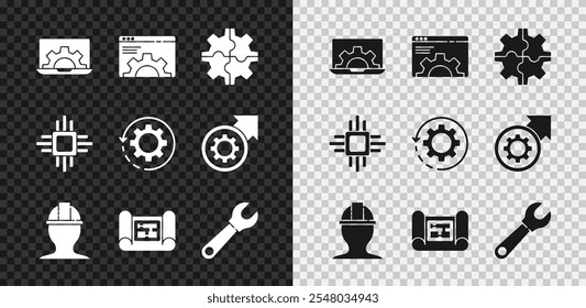 Ordenador portátil y equipo, configuración del navegador, equipo, casco de seguridad del trabajador, Plan de la casa, llave inglesa, procesador con microcircuitos CPU y flechas como ícono de flujo de trabajo. Vector