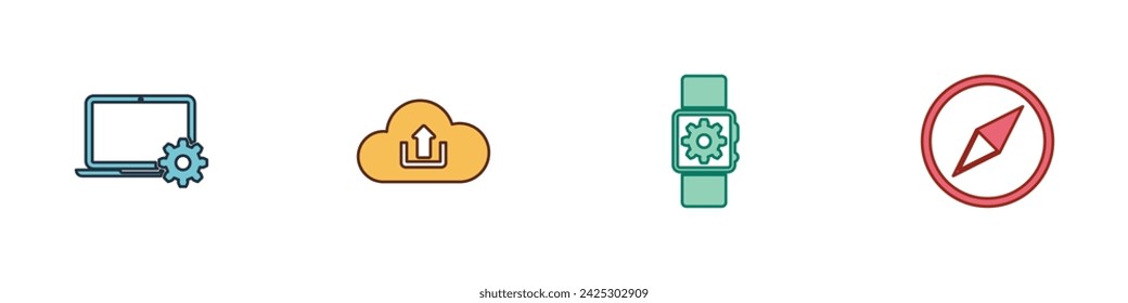 Set Laptop and gear, Cloud upload, Smartwatch setting and Wind rose icon. Vector