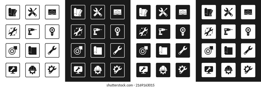 Set Laptop and gear, Electric drill machine, Wrench arrows as workflow, Graphing paper pencil, Light bulb, Screwdriver wrench spanner,  and Gear process icon. Vector