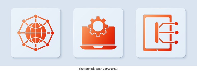 Set Laptop und Getriebe, Global Technology oder Social Network und Tablet. Weißer Quadrat-Knopf. Vektorillustration