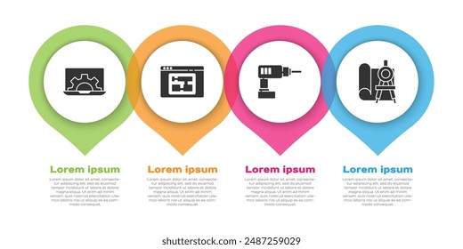 Set Laptop and gear, House plan, Electric drill machine and Graphing paper and compass. Business infographic template. Vector