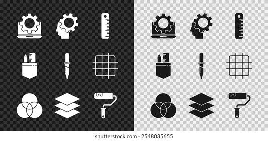 Definir Laptop e engrenagem, Cabeça humana com interior, Régua, mistura de cores RGB CMYK, Camadas, Pincel de rolo de tinta, Lápis de régua cruzada e ícone de Pipeta. Vetor