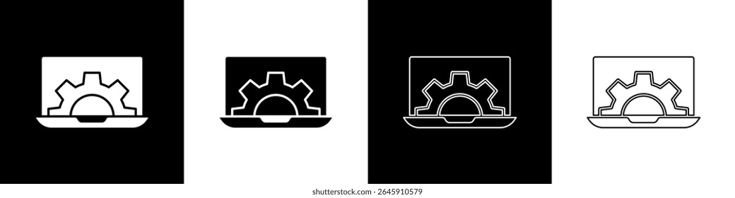 Set Laptop and gear icon isolated on black and white background. Adjusting app, setting options, maintenance, repair, fixing.  Vector Illustration