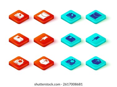 Set Laptop and gear, Isometric cube, Picture landscape, Push pin, Paint bucket and cursor icon. Vector