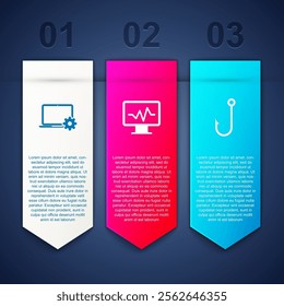 Set Laptop and gear, Monitor with cardiogram and Fishing hook. Business infographic template. Vector