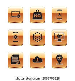 Set Laptop and gear, Transfer files, Cloud upload, Layers, Setting on smartphone and Smartphone with icon. Vector
