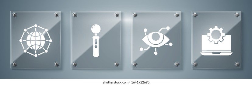 Set Laptop and gear, Virtual reality, Gamepad and Global technology or social network. Square glass panels. Vector