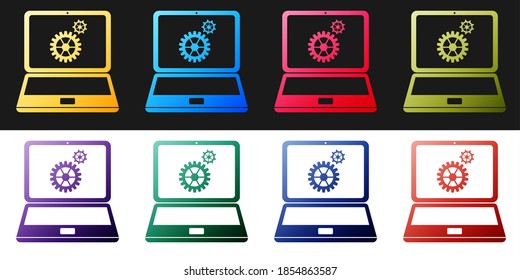 Ajuste el icono Portátil y Engranajes aislados en fondo blanco y negro. Ajuste de aplicaciones, servicio, opciones de configuración, mantenimiento, reparación, corrección de conceptos de laptop. Vector.