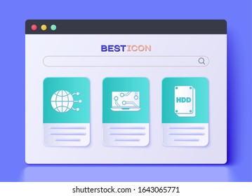 Set Laptop, Global technology or social network and Hard disk drive HDD icon. Vector