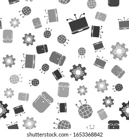Set Laptop, Global technology or social network, Processor and headphones in box on seamless pattern. Vector