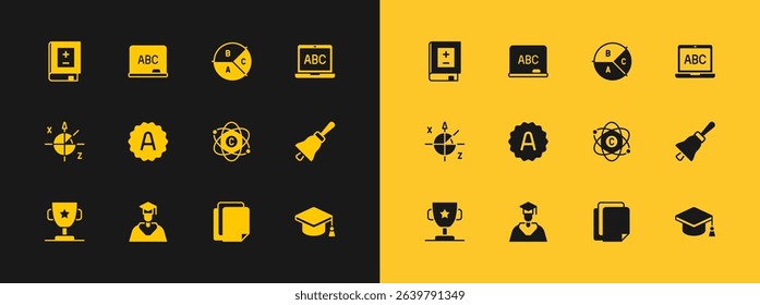 Set Laptop, Graduate and graduation cap, Atom, File document, Exam sheet with plus grade, Pie chart infographic, Book mathematics and Chalkboard icon. Vector