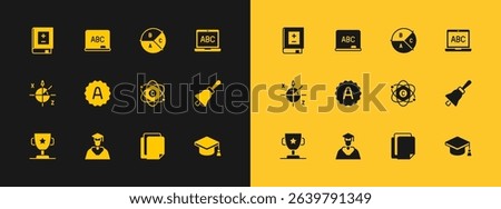 Set Laptop, Graduate and graduation cap, Atom, File document, Exam sheet with plus grade, Pie chart infographic, Book mathematics and Chalkboard icon. Vector