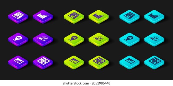 Set Laptop with graph chart, Calculator, Square root of x glyph, Graph, schedule, diagram and Office folders icon. Vector