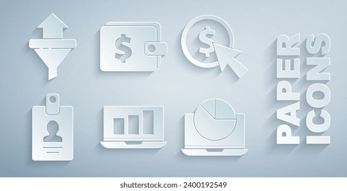 Set Laptop with graph chart, Cursor and coin, Identification badge, Wallet dollar and Sales funnel arrows icon. Vector