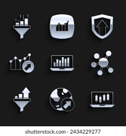 Set Laptop with graph chart, Financial growth, Stocks market graphs, Project team base, Sales funnel,  and  icon. Vector