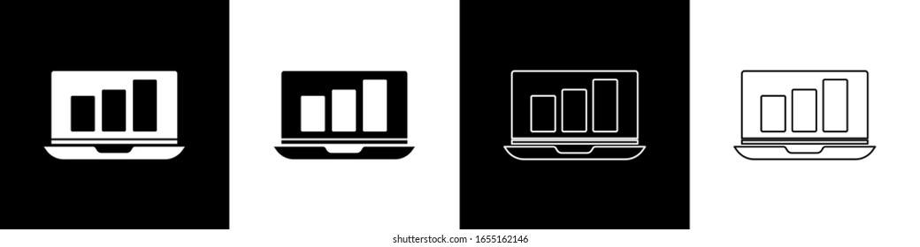 Set Laptop mit Graphic-Symbol einzeln auf schwarz-weißem Hintergrund. Melden Sie das Symbol einer Textdatei. Rechnungszeichen. Audit, Analyse, Planung. Vektorillustration-Illustration