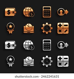 Set Laptop with graph chart, Job promotion, Calculator, Time Management, Medal star, Wallet dollar and Earth globe icon. Vector
