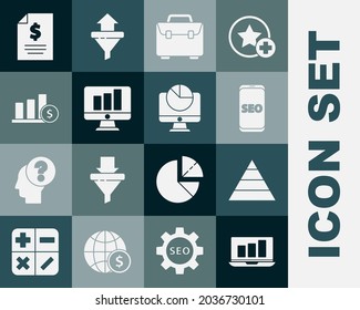 Set Laptop with graph chart, Pyramid infographics, Mobile phone SEO optimization, Briefcase, Monitor, Pie and dollar, Contract money and Computer monitor icon. Vector