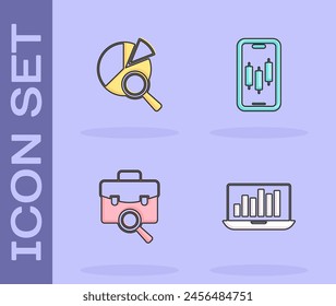 Set Laptop with graph chart, Search data analysis, Work search and Mobile stock trading icon. Vector