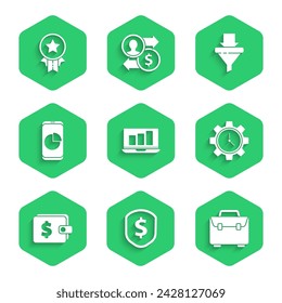 Set Laptop with graph chart, Shield dollar, Briefcase, Time Management, Wallet, Mobile phone, Sales funnel arrows and Medal star icon. Vector