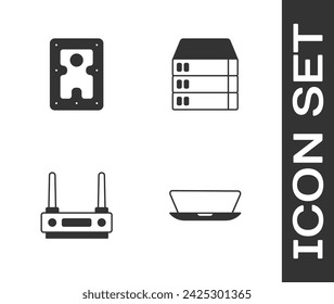 Set Laptop, Festplatte, Router und Wi-Fi-Signal und Server, Daten, Web-Hosting-Symbol. Vektor