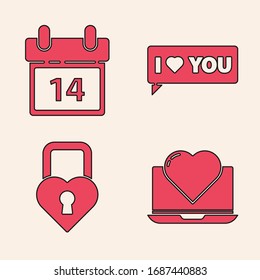 Set Laptop with heart, Calendar with February 14, Speech bubble with I love you and Castle in the shape of a heart icon. Vector