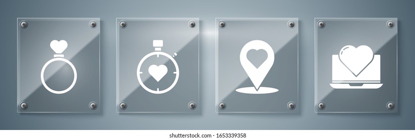Set Laptop with heart, Map pointer with heart, Heart in the center stopwatch and Wedding rings. Square glass panels. Vector