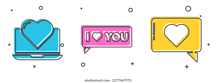 Ponga el portátil con el corazón, burbuja de voz con yo te amo y me gusta e icono del corazón. Vector