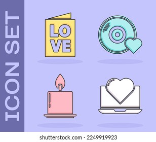 Set Laptop with heart, Valentines day party flyer, Burning candle and Romantic music icon. Vector
