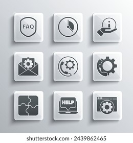 Set Portátil y ayuda, Configuración del navegador, Teléfono 24 horas de apoyo, Pieza de rompecabezas, Sobre, Escudo con texto FAQ y el icono de información. Vector