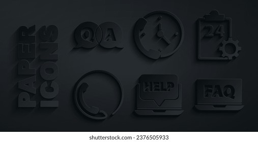 Set Laptop and help, Checklist with 24 hours service, Telephone support, FAQ,  and Question Answer icon. Vector
