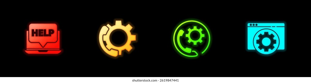 Set Laptop and help, Telephone 24 hours support,  and Browser setting icon. Vector