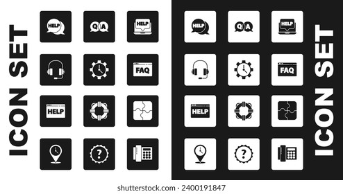 Configurar portátil y ayuda, gestión del tiempo, audífonos, burbuja de voz con ayuda de texto, Preguntas frecuentes del navegador, Respuesta de preguntas, Pieza de rompecabezas e icono. Vector
