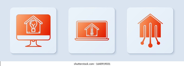 Set Laptop with house temperature, Computer monitor with smart house and light bulb and Smart home. White square button. Vector